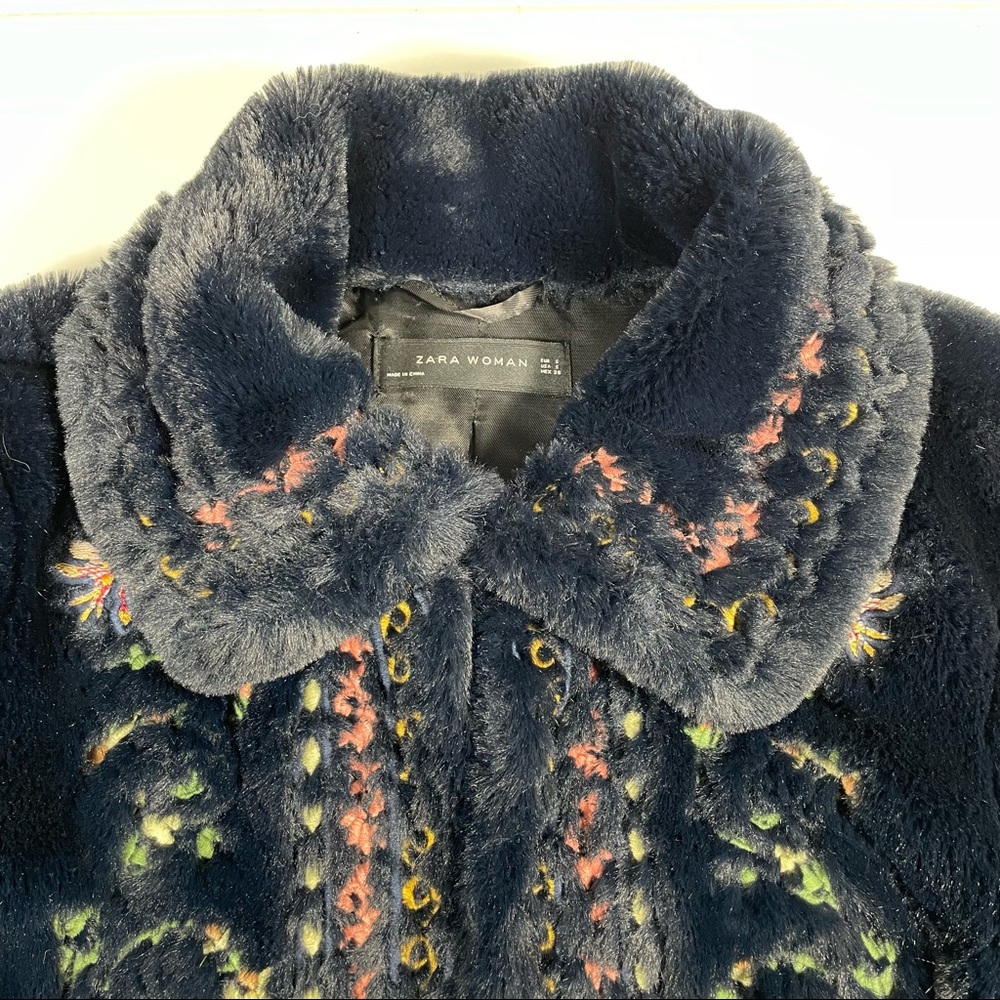 Zara navy blue floral embroidery faux fur coat Size S - Picture 7 of 11